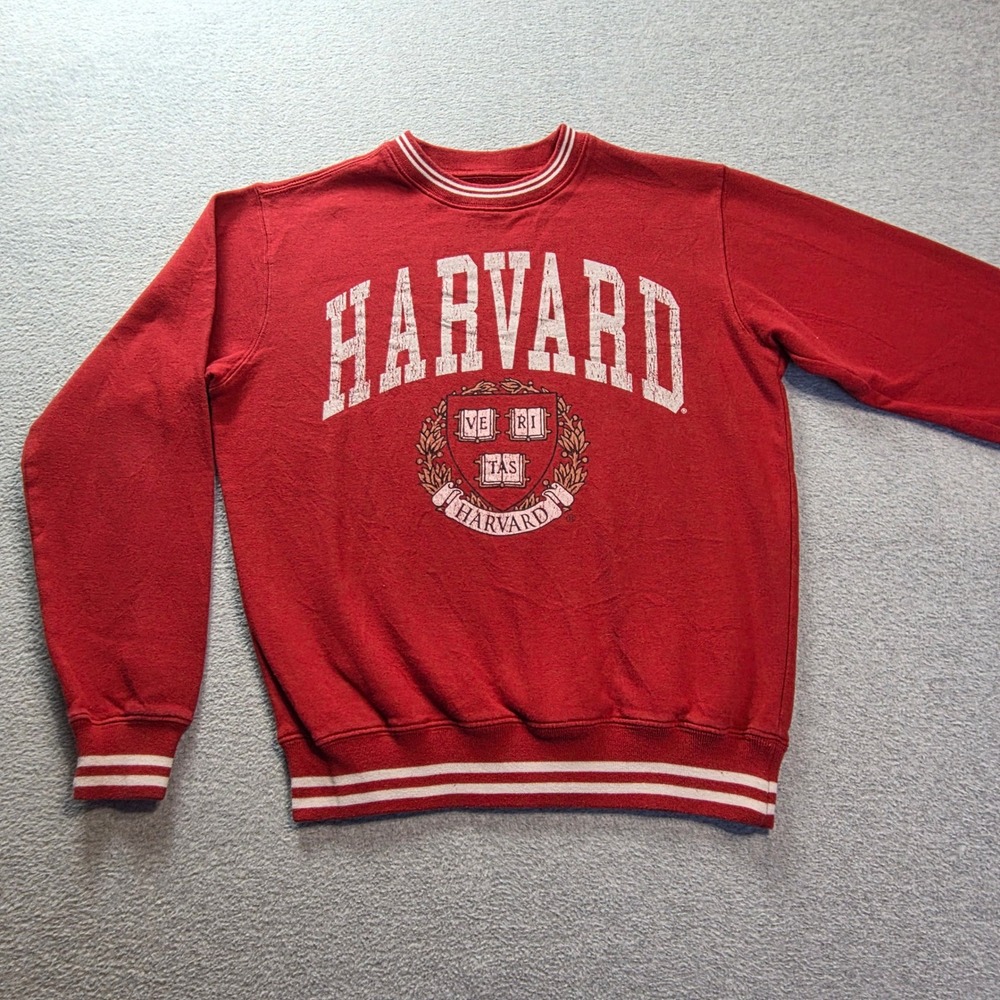 Harvard University Mens Small Red Crewneck Sweatshirt Veritas Crest Striped Trim